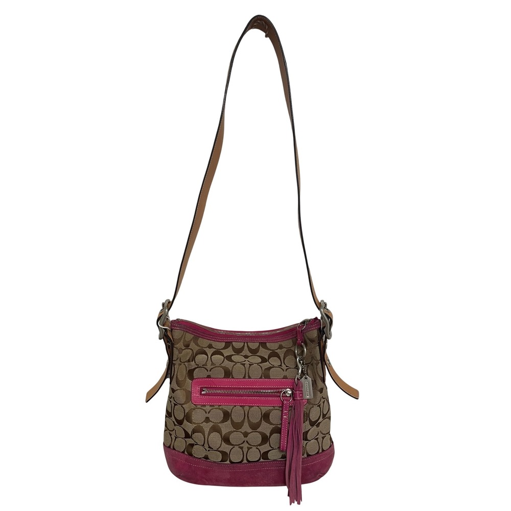 Coach Vintage Duffle Bag Signature Monogram Pink Suede Trim Tassel 9362